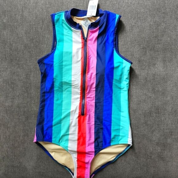 CABANA LIFE STRIPED ZIPPER SLEEVELESS BUILT IN BRA Rash Guard Swimsuit medium - Picture 1 of 8